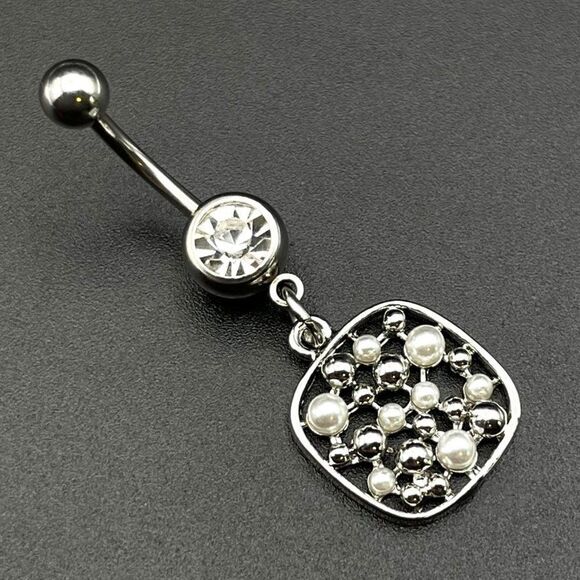316L Stainless Steel with Diamond Cubic Zirconia and Pearl Square 14G Belly Ring - Picture 1 of 7